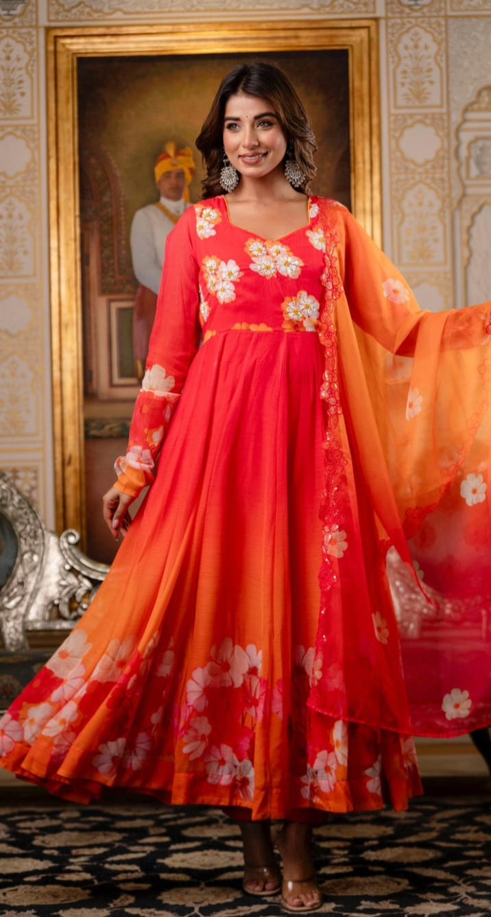 ORANGE/PINK MIX CHIFFON ANARKALI WITH DUPATTA
