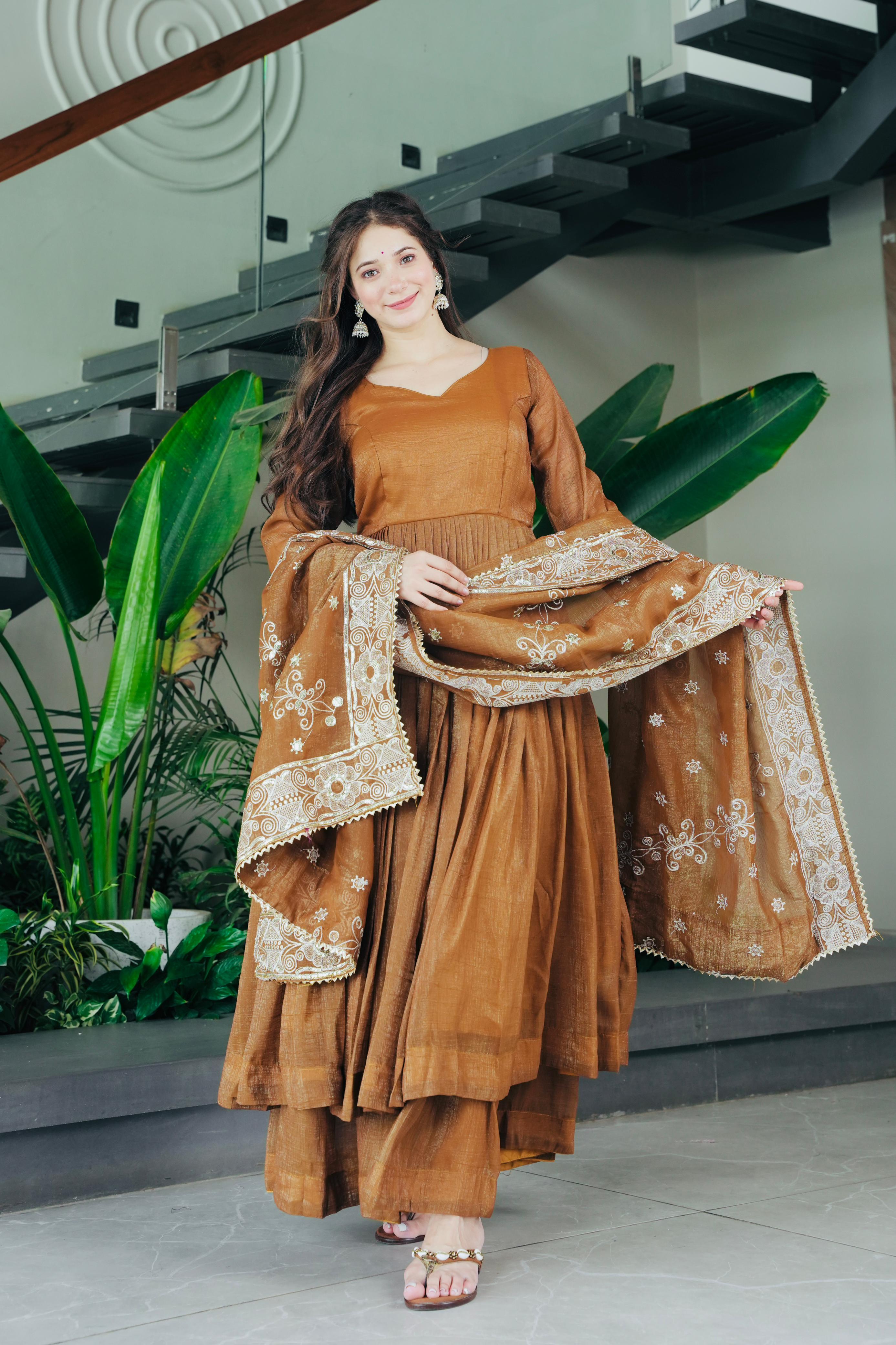 PURPLE AND RUST CRUNCHY SILK WITH EMBROIDERED WORK WITH FANCY FULL SLEEVES