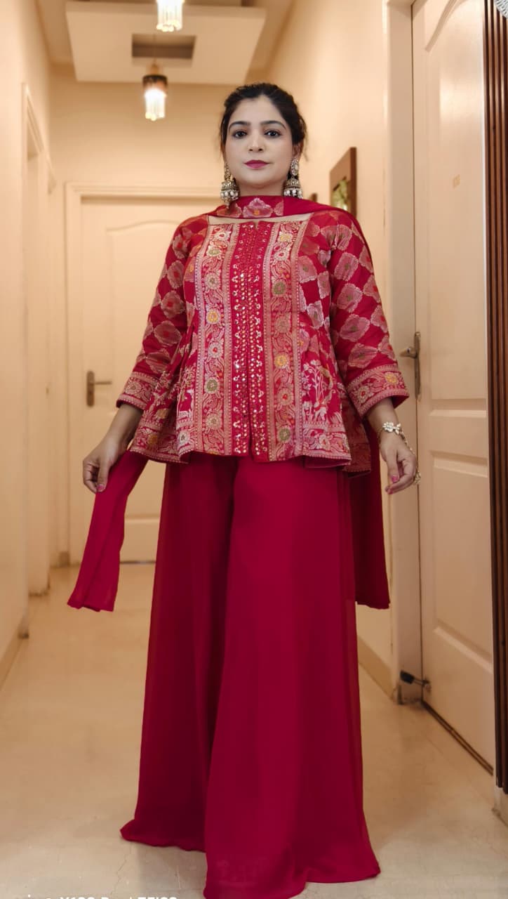 PINK,PURPLE AND ORANGE SHARARA SUIT WITH BANARSI TOP AND FULL LINING AND CHOKER DUPATTA