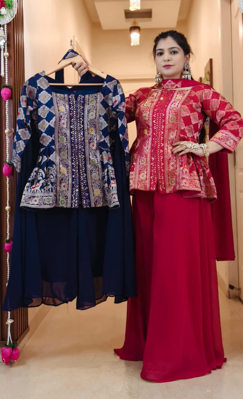 PINK,PURPLE AND ORANGE SHARARA SUIT WITH BANARSI TOP AND FULL LINING AND CHOKER DUPATTA