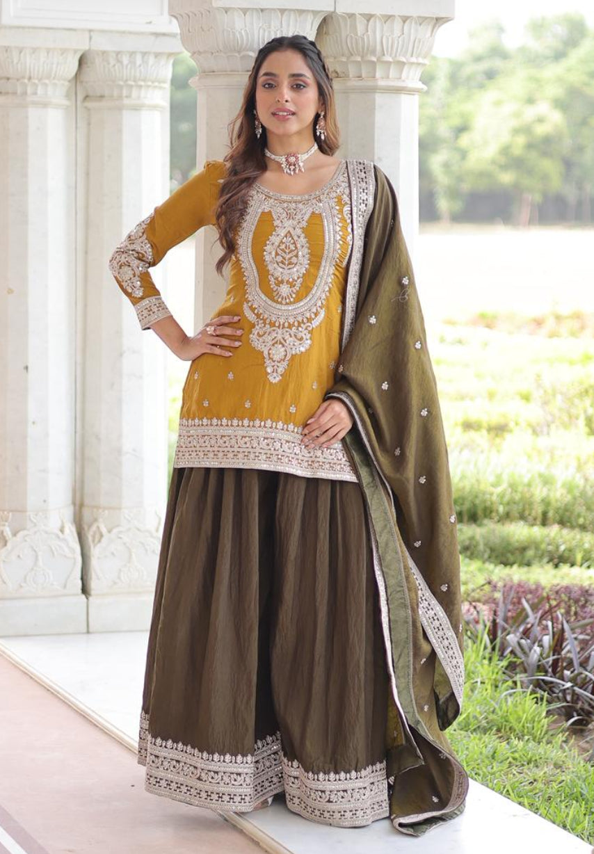 YELLOW AND WINE SHARARA SUIT WITH ZARI AND SEQUENCE WORK AND FULL LINING