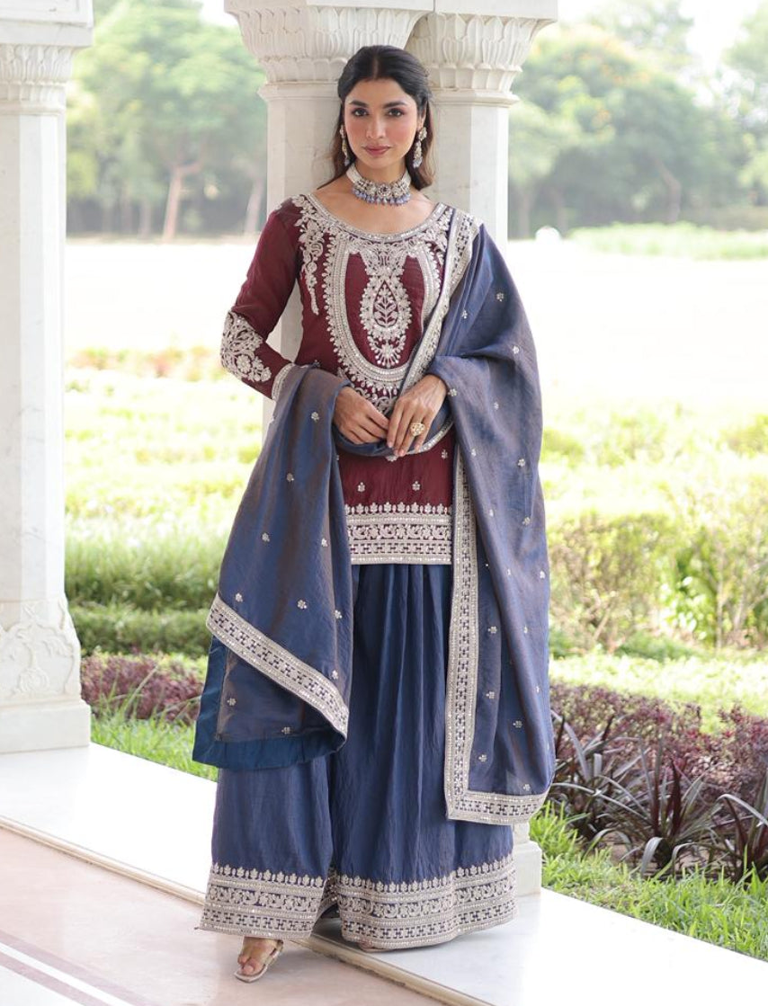 YELLOW AND WINE SHARARA SUIT WITH ZARI AND SEQUENCE WORK AND FULL LINING