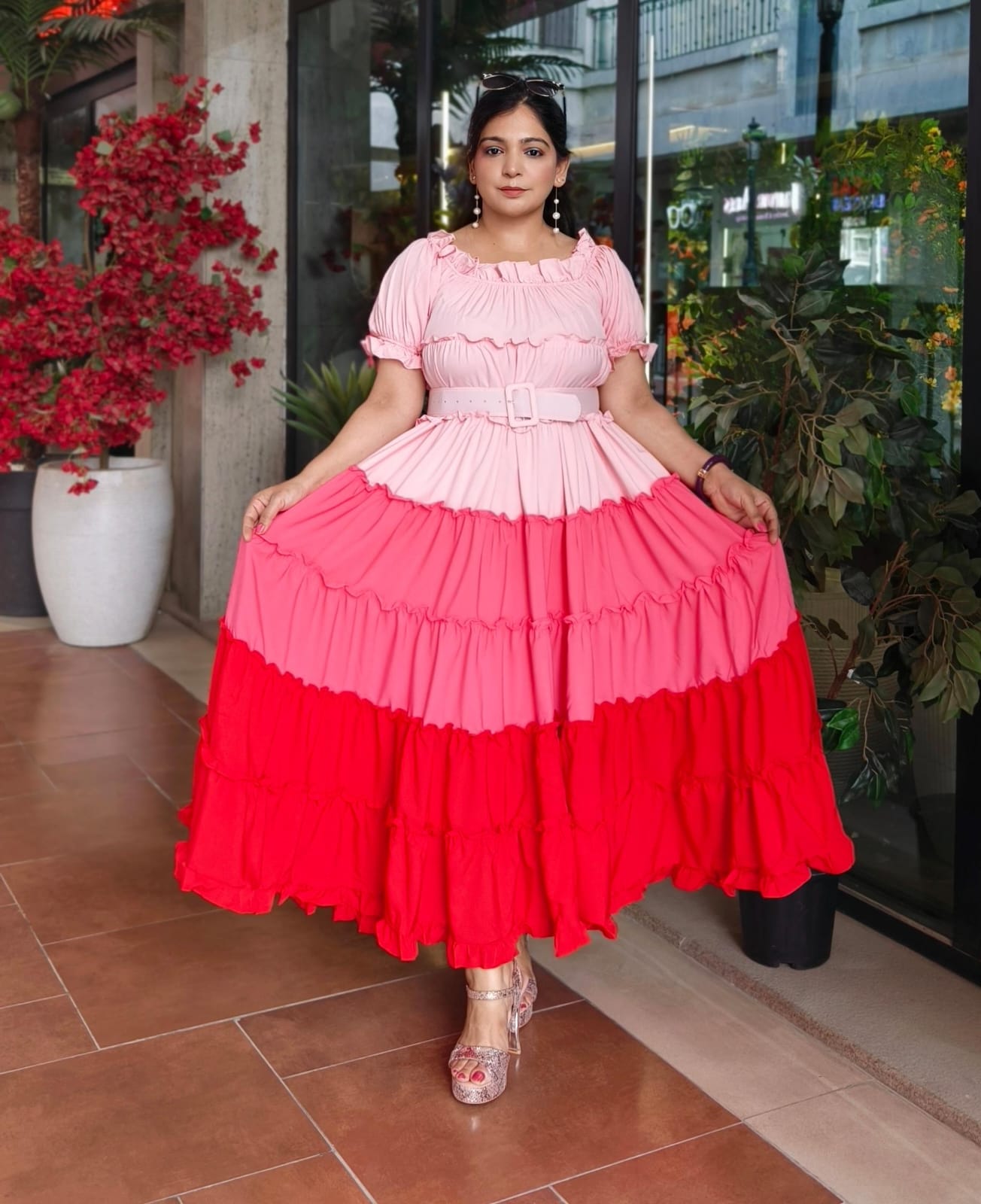 PINK AND LEMON COTTON FABRIC ONE PC FULL FLARED DRESS WITH BELT