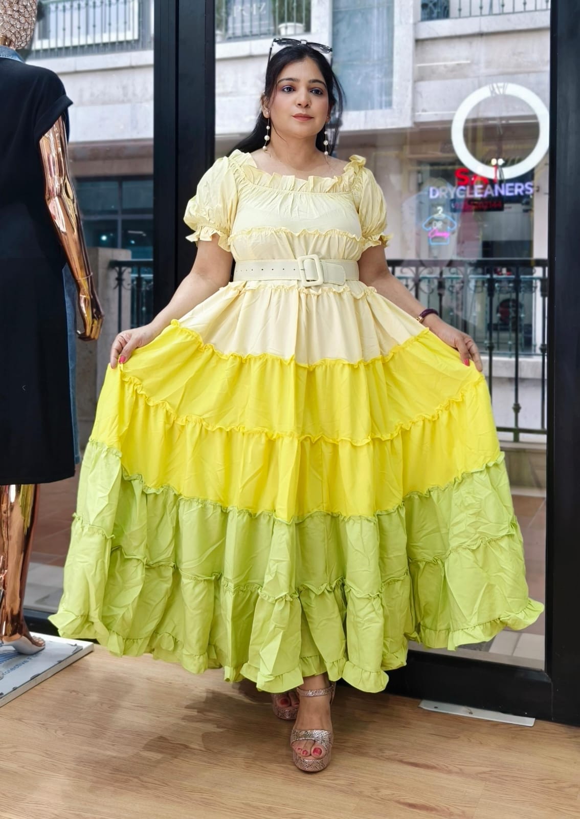 PINK AND LEMON COTTON FABRIC ONE PC FULL FLARED DRESS WITH BELT