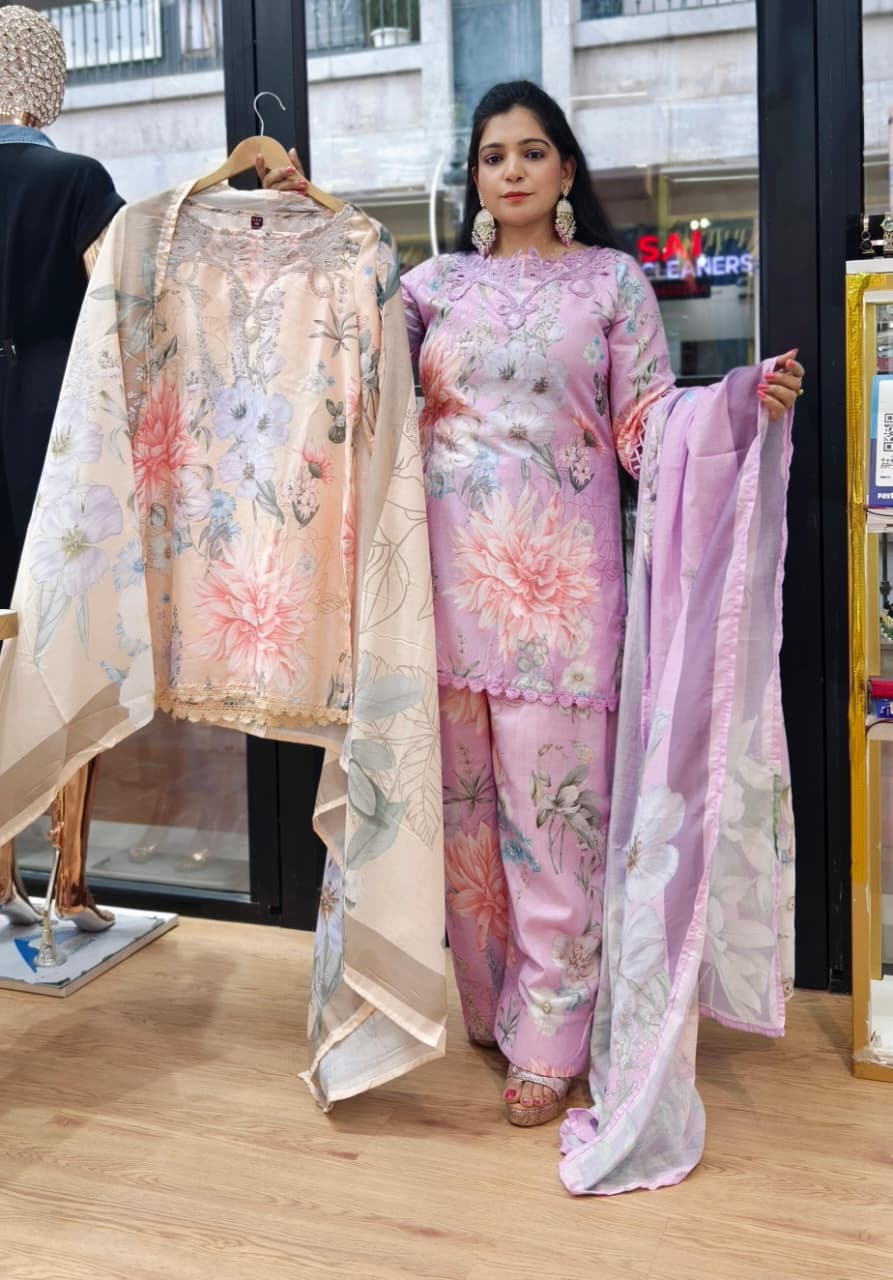PURPLE AND PEACH DIGITAL FLORAL PRINTED COTTON SUIT WITH DISIGNER FARSHI SALWAR AND FULL COTTON DUPATTA
