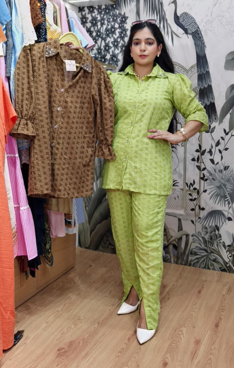GREEN,BROWN AND PISTA SHIFALI COTTON COORDSET WITH DESIGNER PANT AND CHICKEN WOK