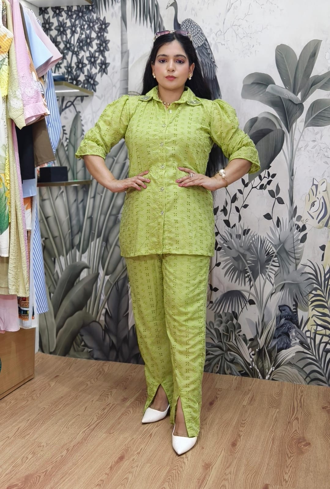GREEN,BROWN AND PISTA SHIFALI COTTON COORDSET WITH DESIGNER PANT AND CHICKEN WOK