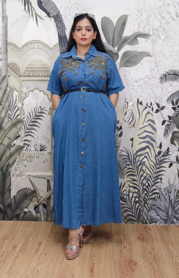 DARK AND LIGHT BLUE IMPORTED DENIM FABRIC ONE PC DRESS WITH FLORAL WORK