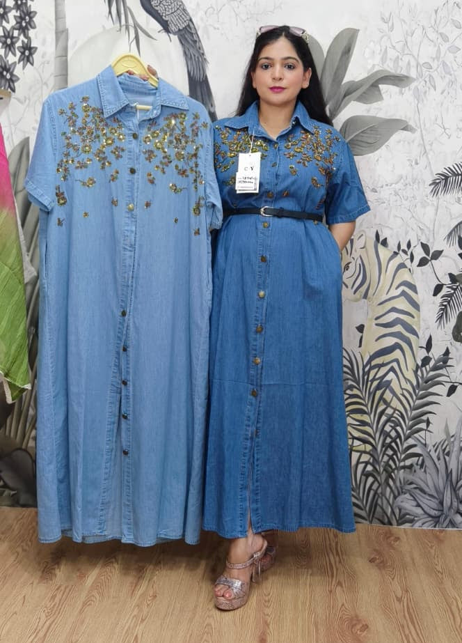 DARK AND LIGHT BLUE IMPORTED DENIM FABRIC ONE PC DRESS WITH FLORAL WORK