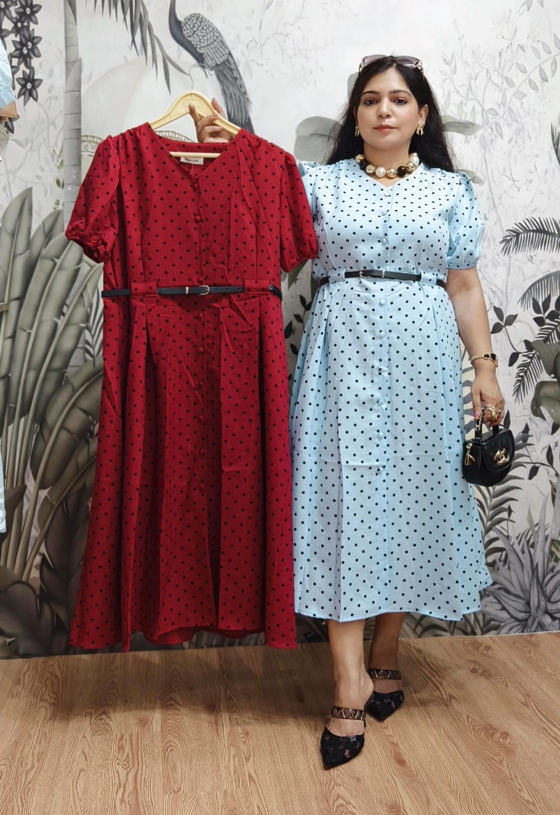 SKY BLUE,PINK AND MAROON IMPORTED COTTON FABRIC ONE PC DRESS WITH BELT