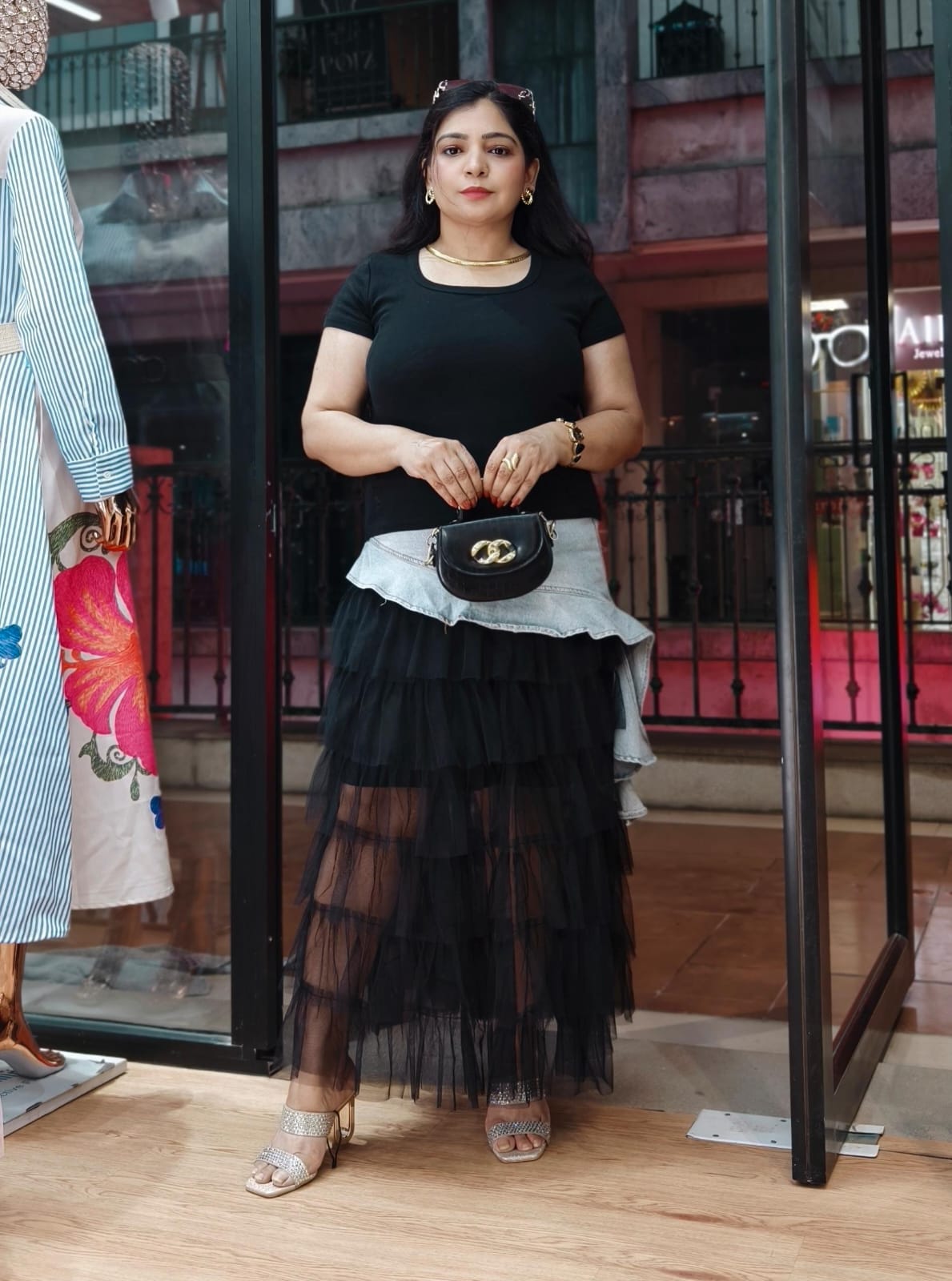 BLACK AND PINK ONE PIECE DENIM WITH NET DESIGNER SKIRT
