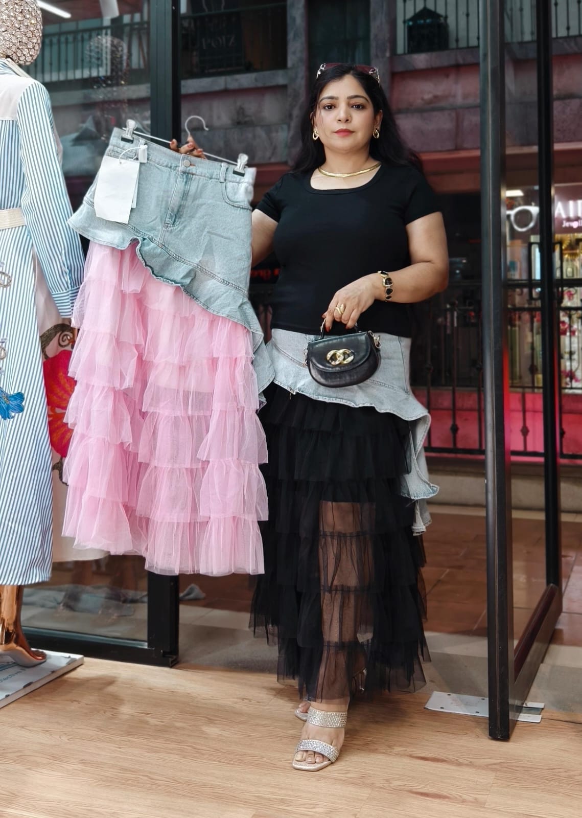 BLACK AND PINK ONE PIECE DENIM WITH NET DESIGNER SKIRT