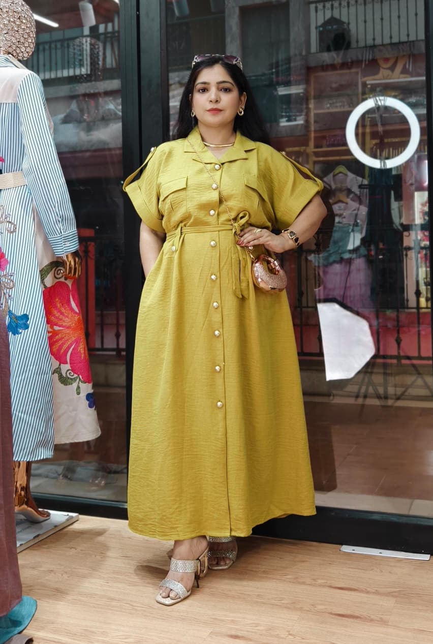 YELLOW,BROWN,BLU AND PURPLE IMPORTED COTTON FABRIC ONE PC DRESS WITH BELT