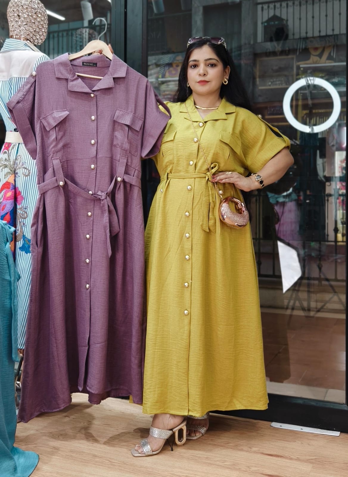 YELLOW,BROWN,BLU AND PURPLE IMPORTED COTTON FABRIC ONE PC DRESS WITH BELT