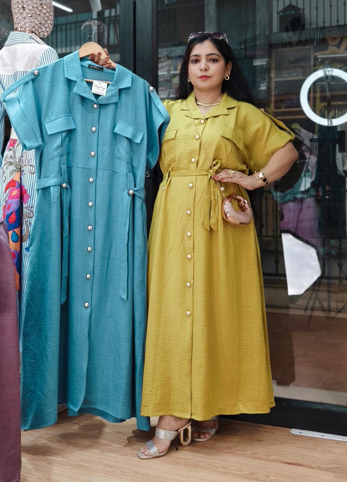 YELLOW,BROWN,BLU AND PURPLE IMPORTED COTTON FABRIC ONE PC DRESS WITH BELT