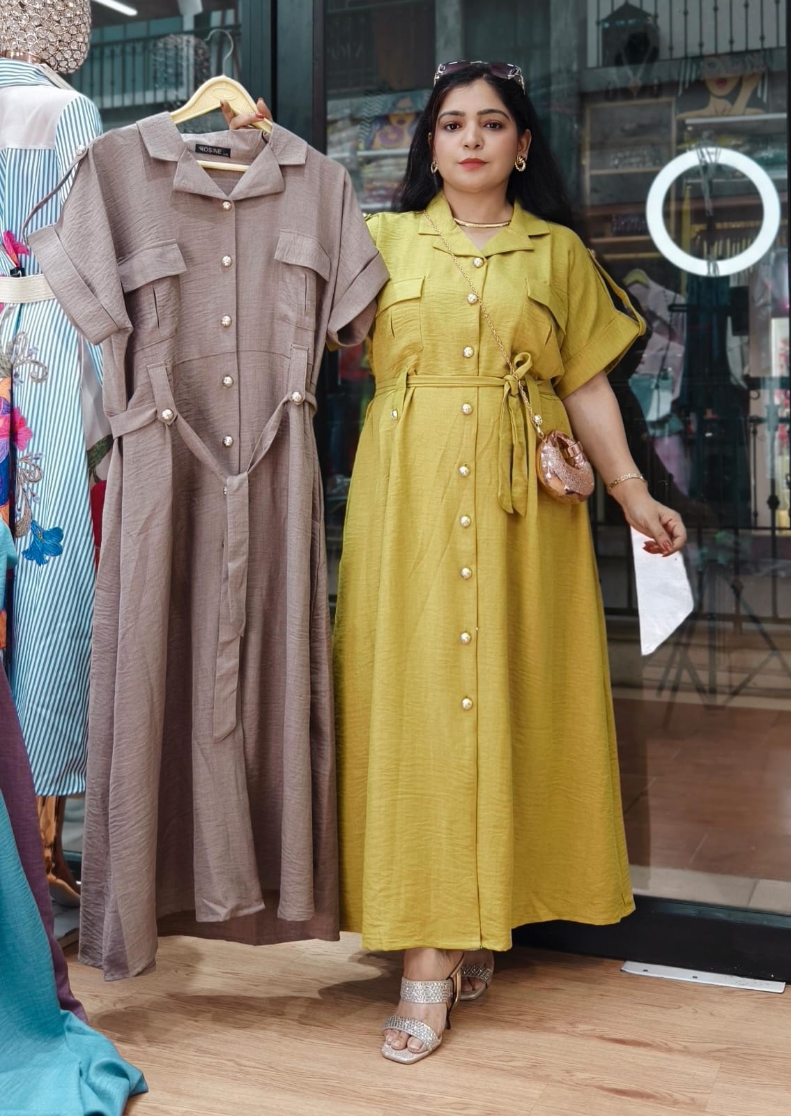 YELLOW,BROWN,BLU AND PURPLE IMPORTED COTTON FABRIC ONE PC DRESS WITH BELT
