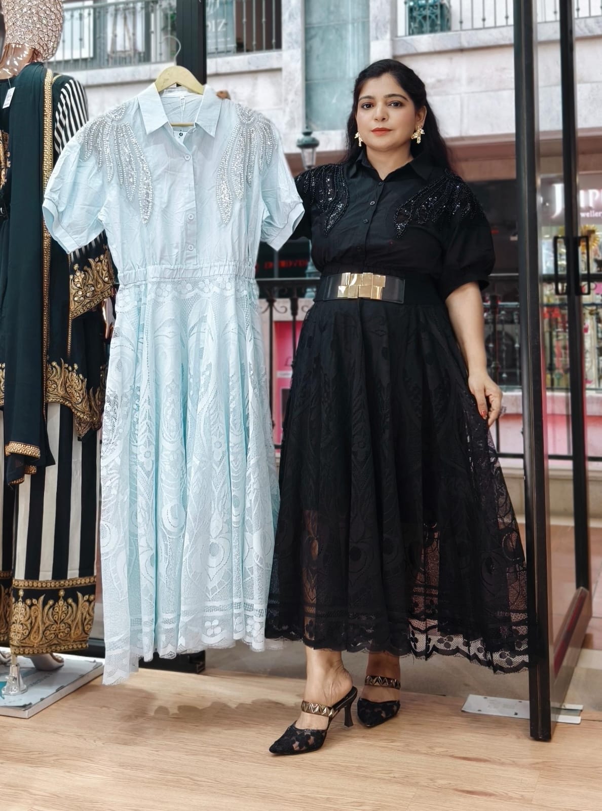 BLACK,PINK AND ICE BLUE IMPORTED NET FABRIC ONE PC DRESS WITH BELT