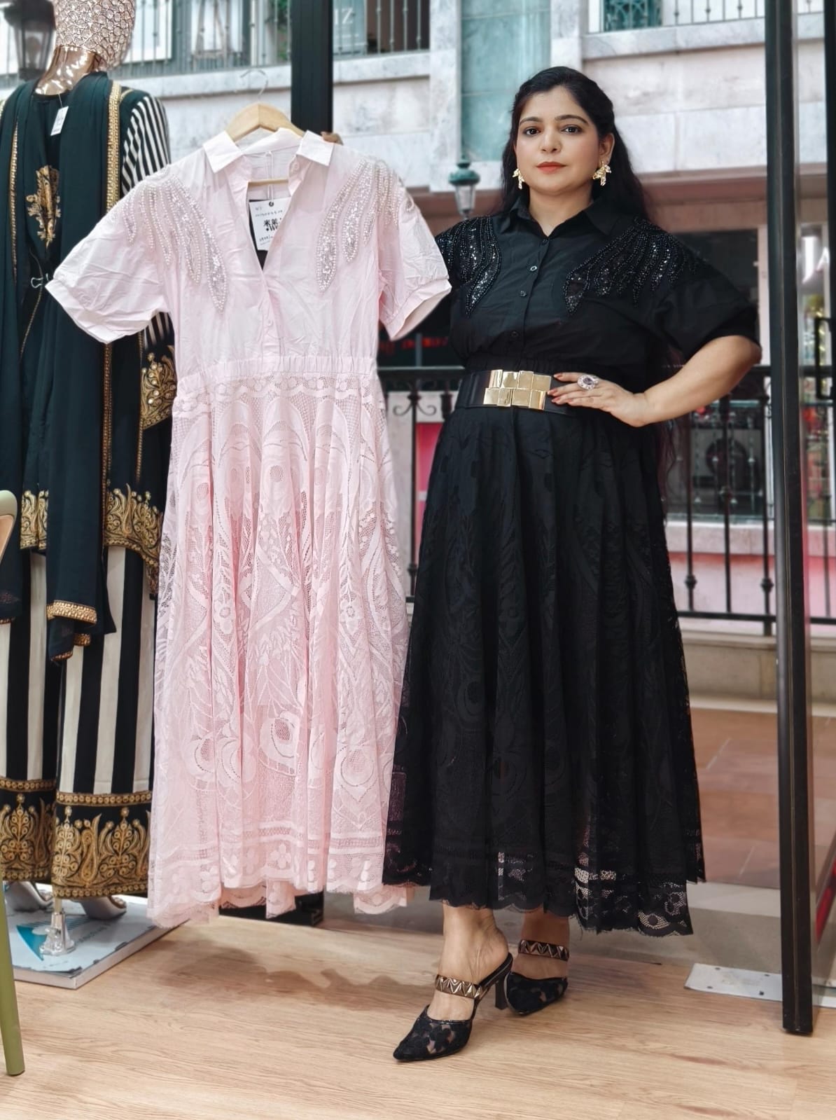 BLACK,PINK AND ICE BLUE IMPORTED NET FABRIC ONE PC DRESS WITH BELT