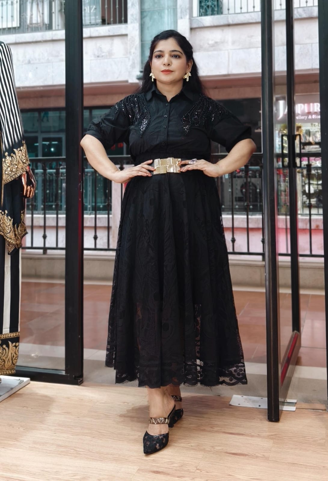 BLACK,PINK AND ICE BLUE IMPORTED NET FABRIC ONE PC DRESS WITH BELT
