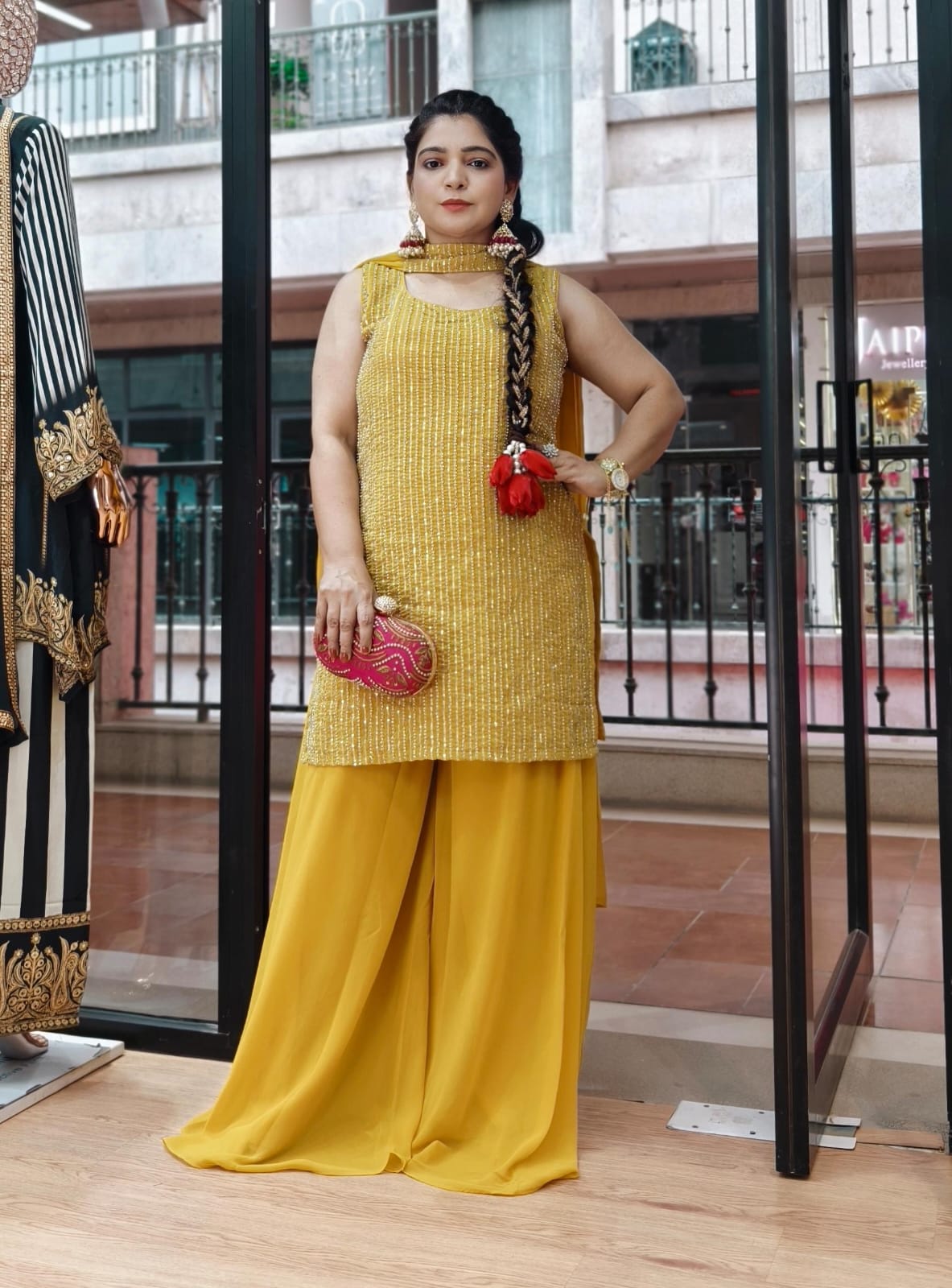 YELLOW AND LILAC GEORGETTE WITH SHARARA SUIT AND HEAVY DUPATTA