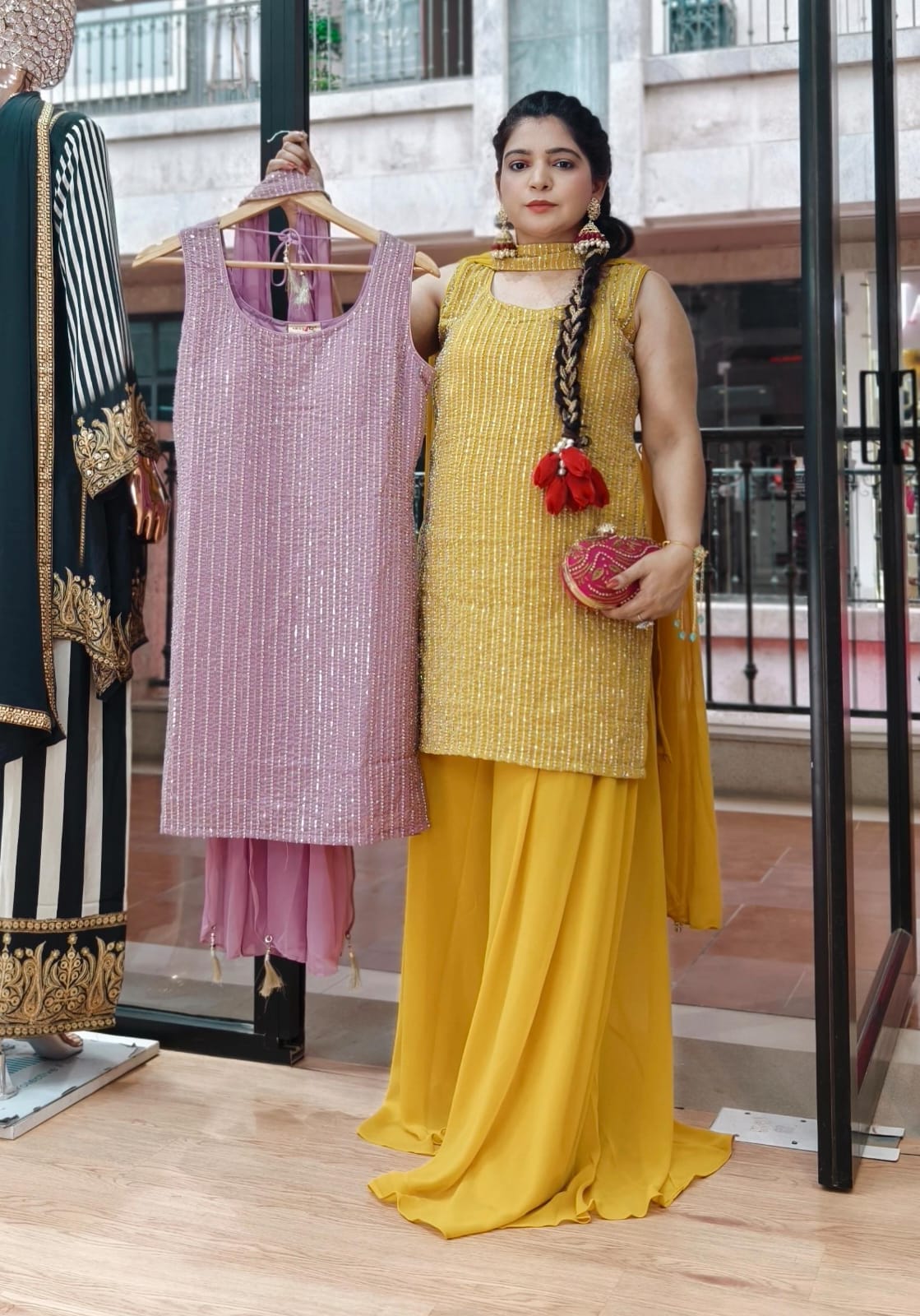 YELLOW AND LILAC GEORGETTE WITH SHARARA SUIT AND HEAVY DUPATTA