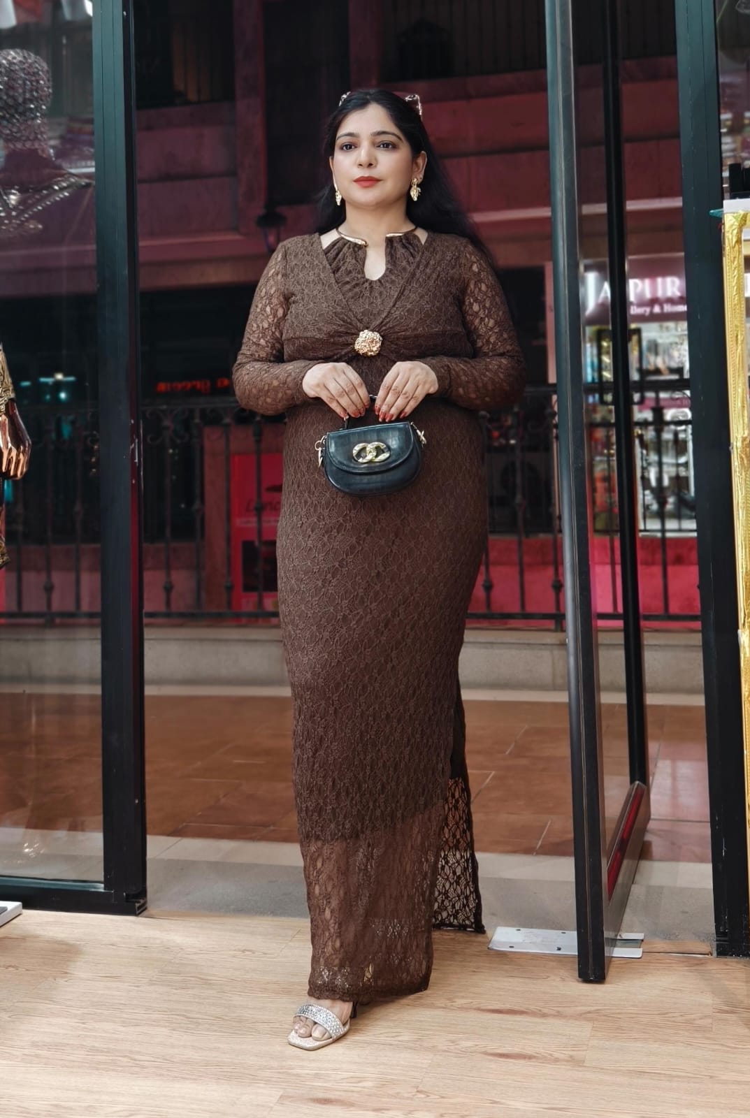 BROWN AND BLACK IMPORTED POWER NET FABRIC ONE PC DRESS WITH NECKLACE