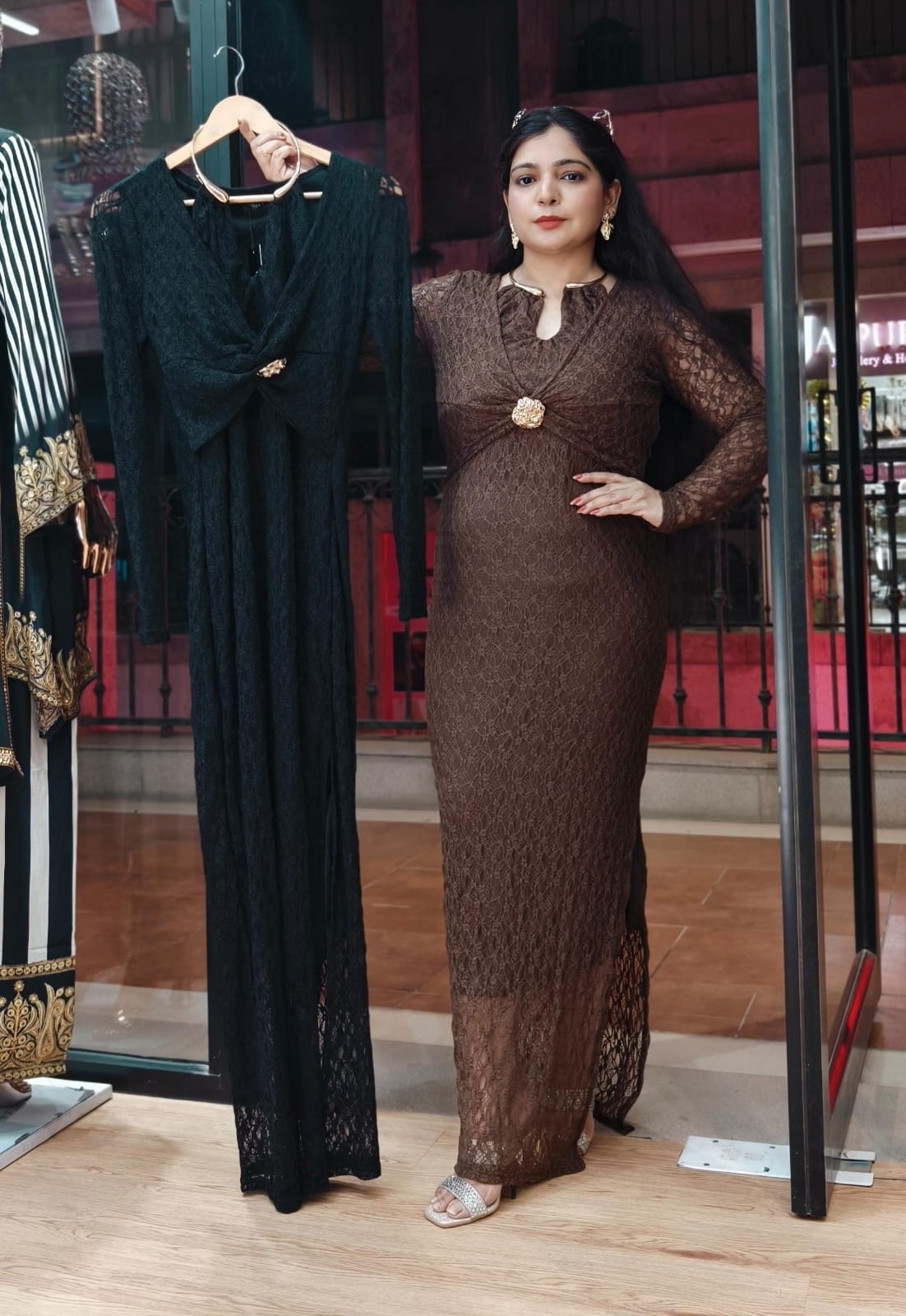 BROWN AND BLACK IMPORTED POWER NET FABRIC ONE PC DRESS WITH NECKLACE