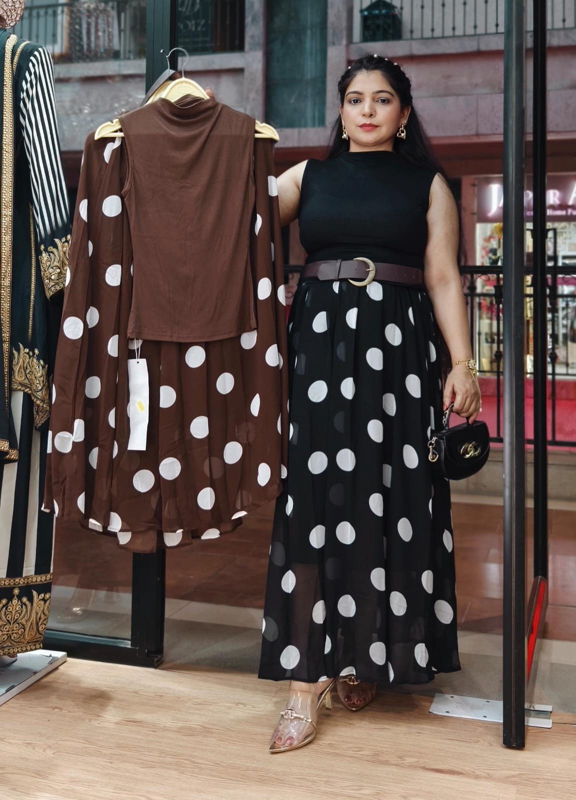 Black and Brown Elegant Polka Dot Skirt Top Co-Ord Set