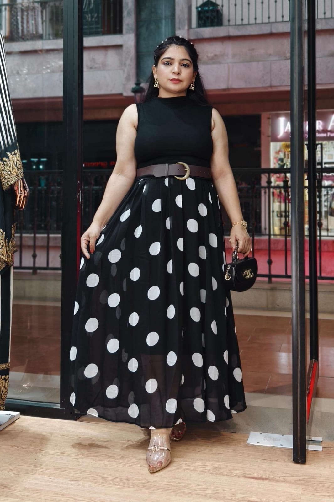 Black and Brown Elegant Polka Dot Skirt Top Co-Ord Set