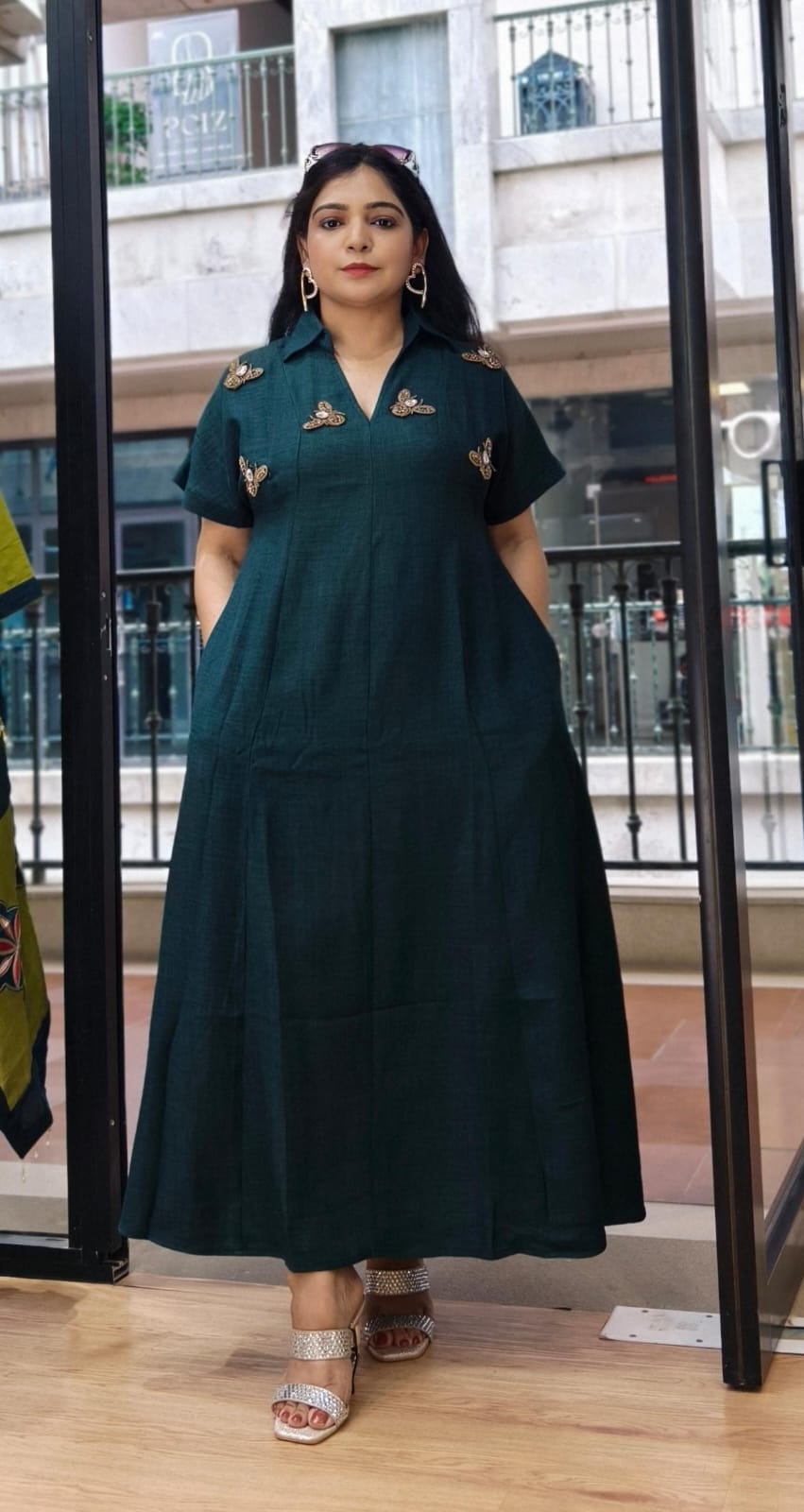 Premium Dark Green,Maroon,Yellow and Brown Embroidered Cotton Blend Maxi Dress With Honey Bees Design