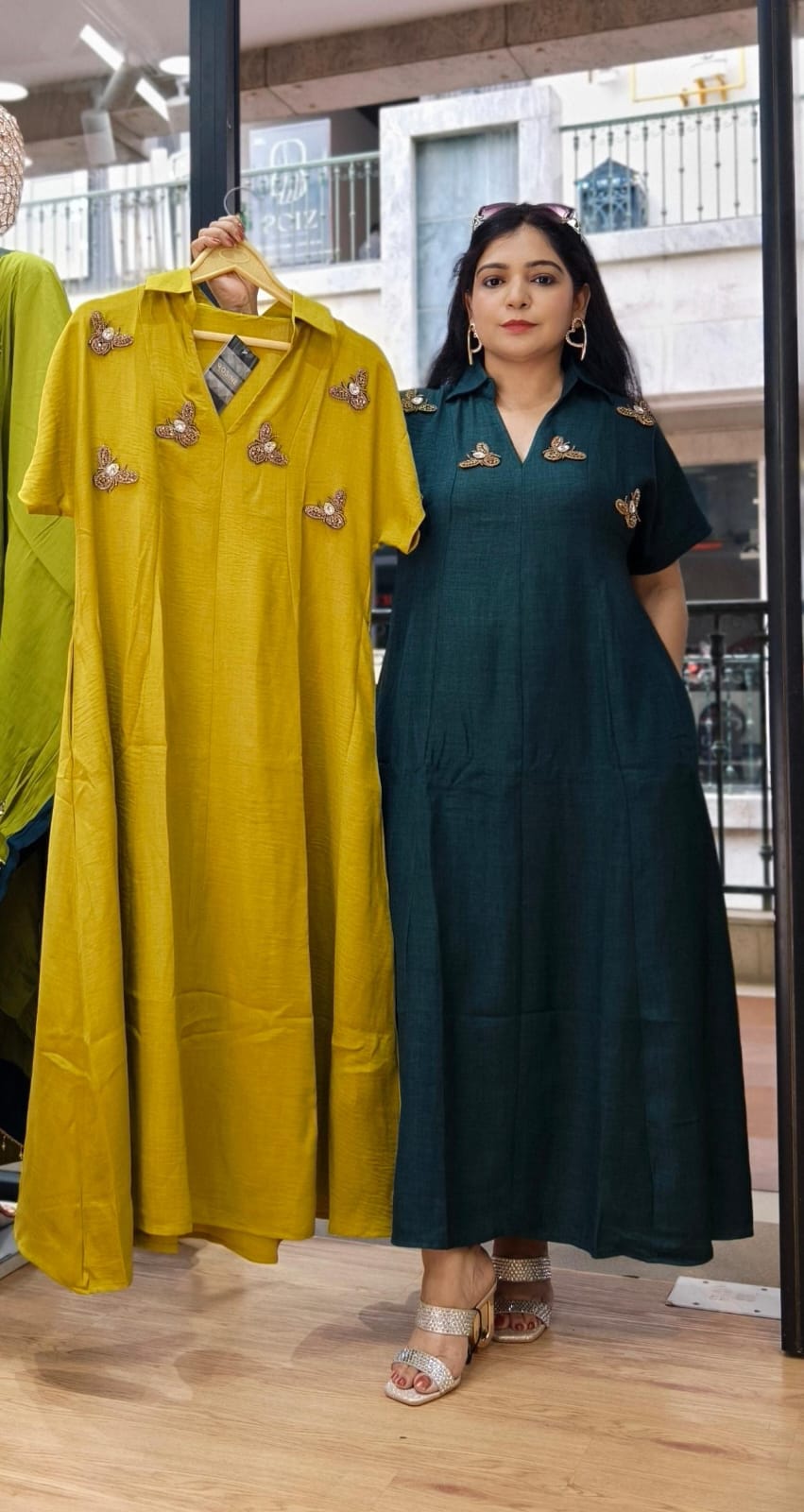 Premium Dark Green,Maroon,Yellow and Brown Embroidered Cotton Blend Maxi Dress With Honey Bees Design