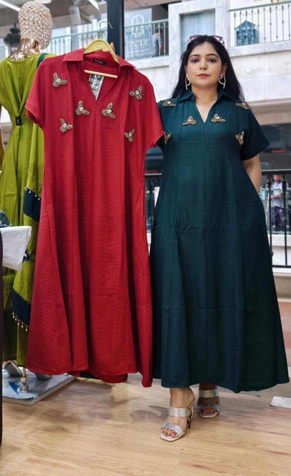 Premium Dark Green,Maroon,Yellow and Brown Embroidered Cotton Blend Maxi Dress With Honey Bees Design