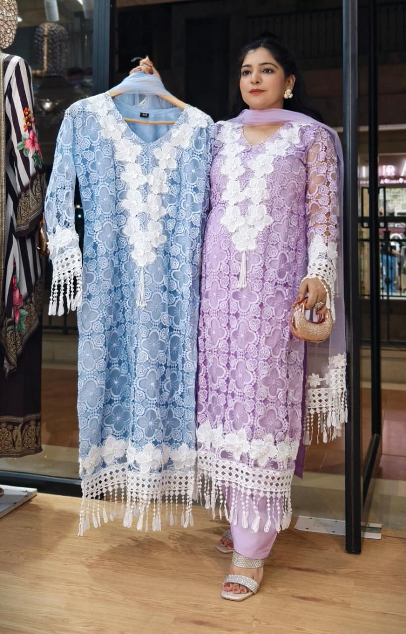levender,Sea Blue and Peach Premium Organza Croatia Floral Lace Work Suit Set with Dupatta