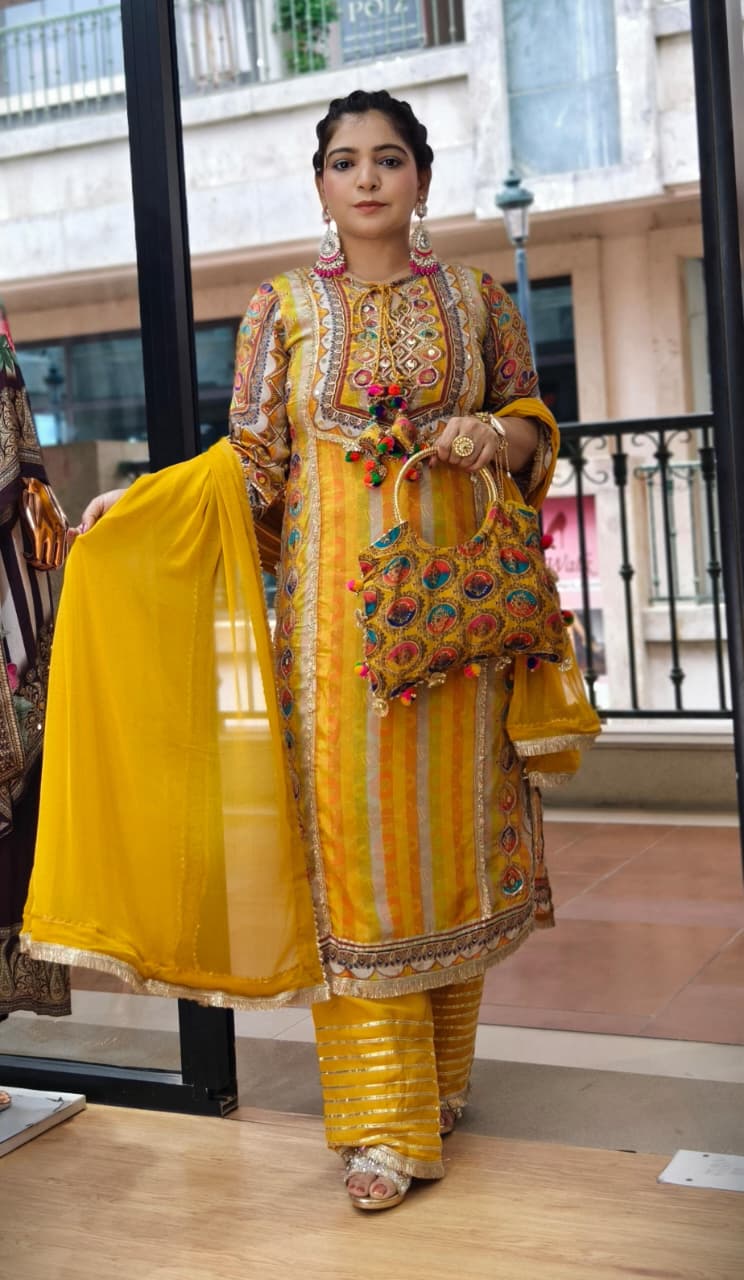 Premium Mustard Yellow and Purple Crepe Suit Set with Farshi Salwar, Dupatta & Designer Handbag and Full Lining✨