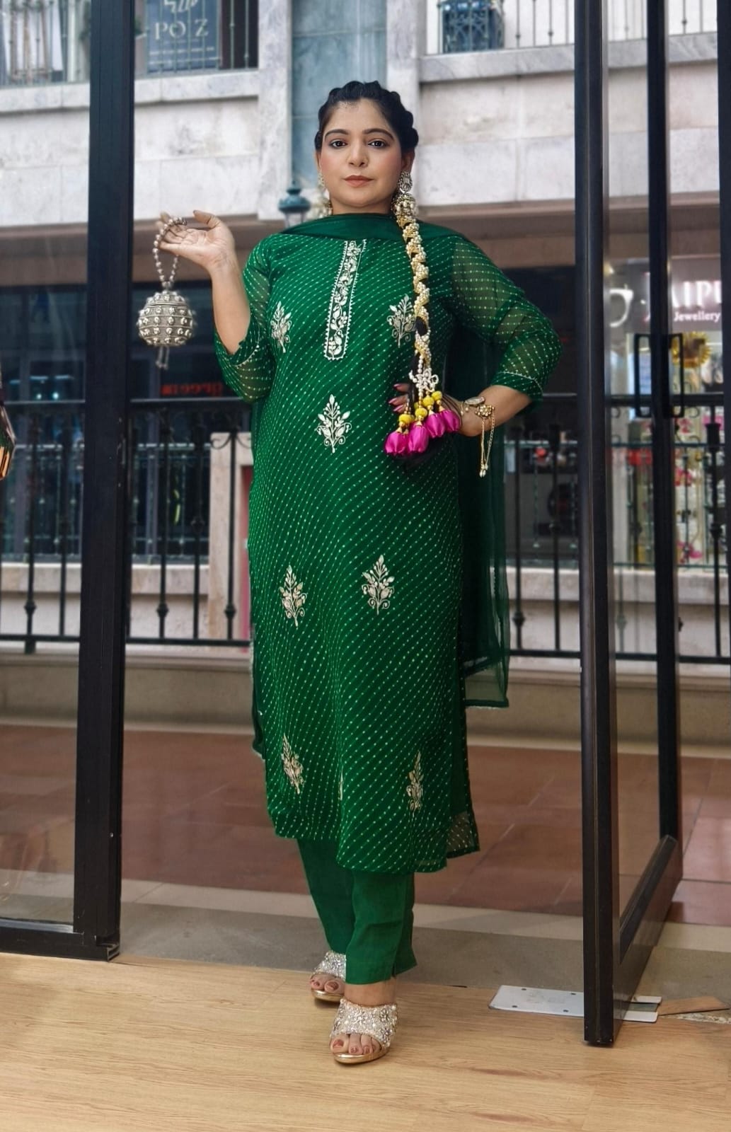 Premium Emerald Green and Red Georgette Suit Set with Leheriya Print &amp; Dupatta ✨