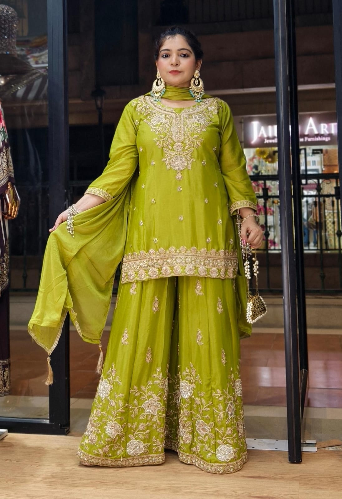 Premium Lime Green,Pink & Purple Chinon Sharara Set with Dupatta &amp; Heavy Embroidery ✨