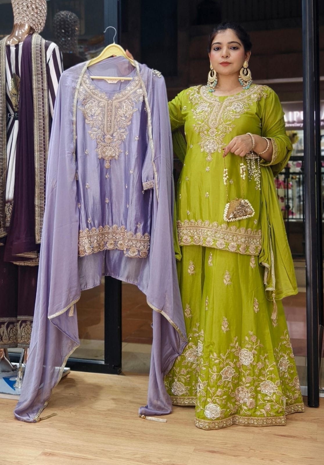 Premium Lime Green,Pink & Purple Chinon Sharara Set with Dupatta &amp; Heavy Embroidery ✨
