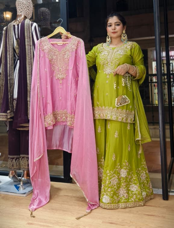 Premium Lime Green,Pink & Purple Chinon Sharara Set with Dupatta &amp; Heavy Embroidery ✨