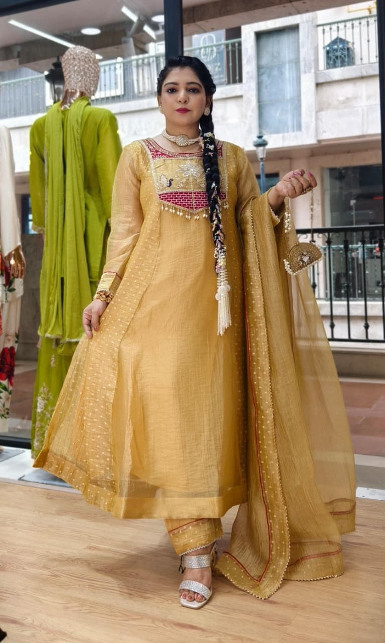 Premium Golden and Peach Shimmer Tissue Short Anarkali Set with Handwork & Embroidered Dupatta ✨