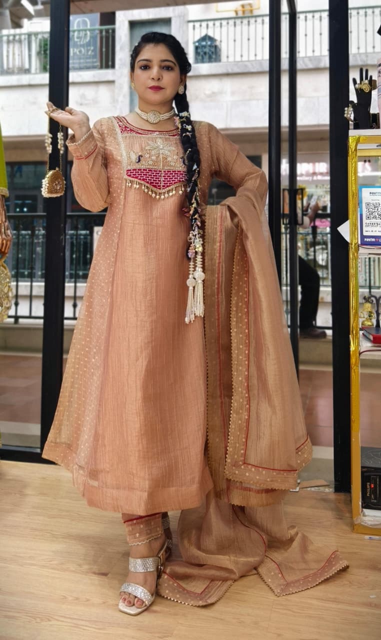 Premium Golden and Peach Shimmer Tissue Short Anarkali Set with Handwork & Embroidered Dupatta ✨