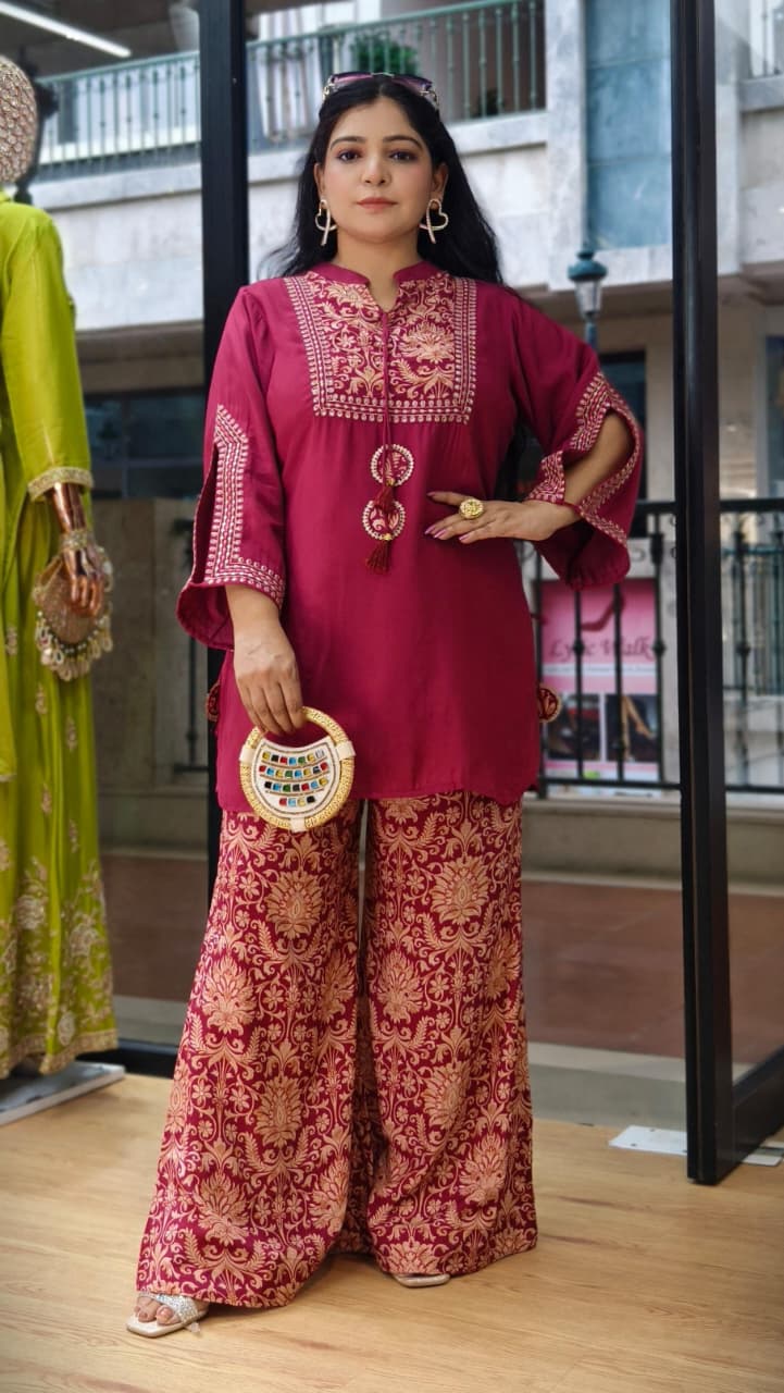 Premium Wine & Pink Crepe Bell Bottom Set with Embroidered Kurta & Printed Bottom with Lining ✨