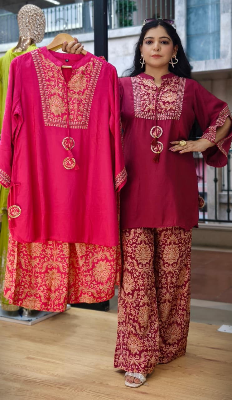Premium Wine & Pink Crepe Bell Bottom Set with Embroidered Kurta & Printed Bottom with Lining ✨