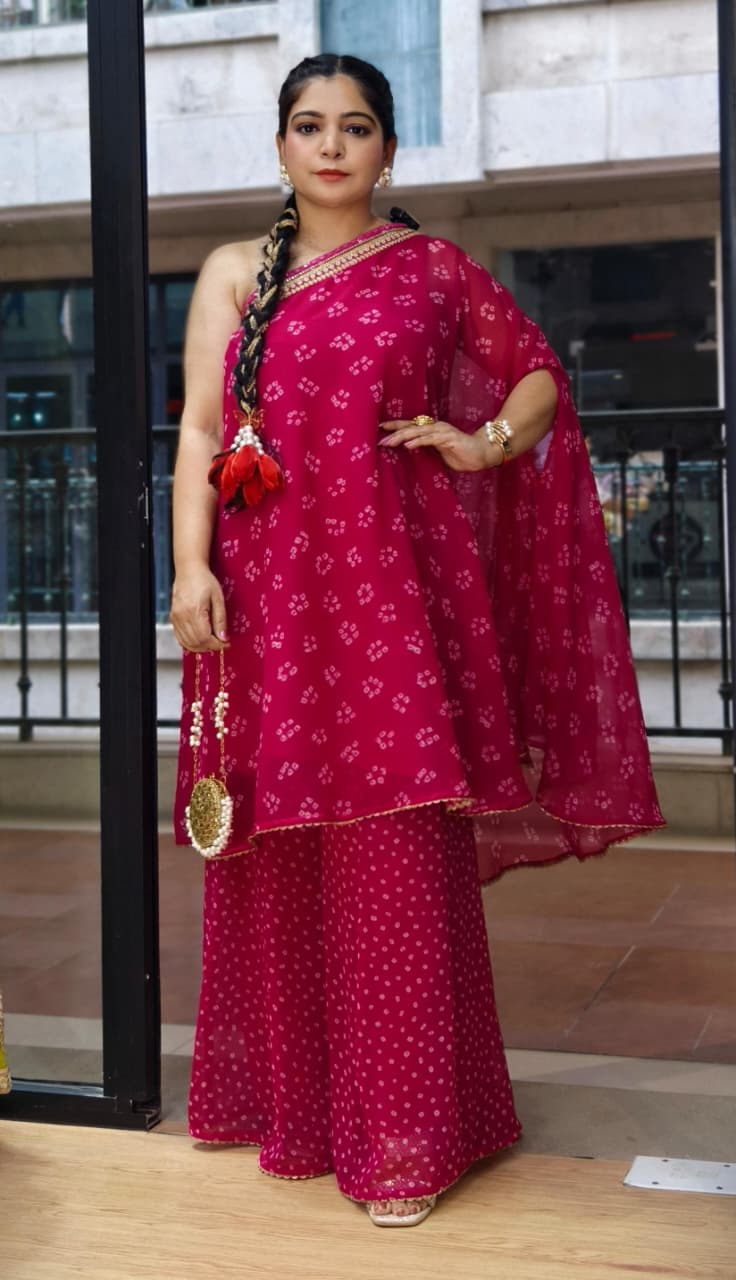 Premium Pink Georgette Bandhani Kaftan Co-ord Set with Flared Plazo ✨