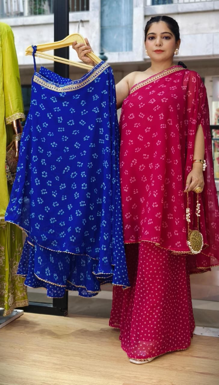 Premium Pink Georgette Bandhani Kaftan Co-ord Set with Flared Plazo ✨