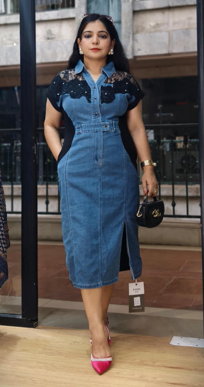 Premium Denim Midi Dress with Lace Detailing & Side Slit ✨