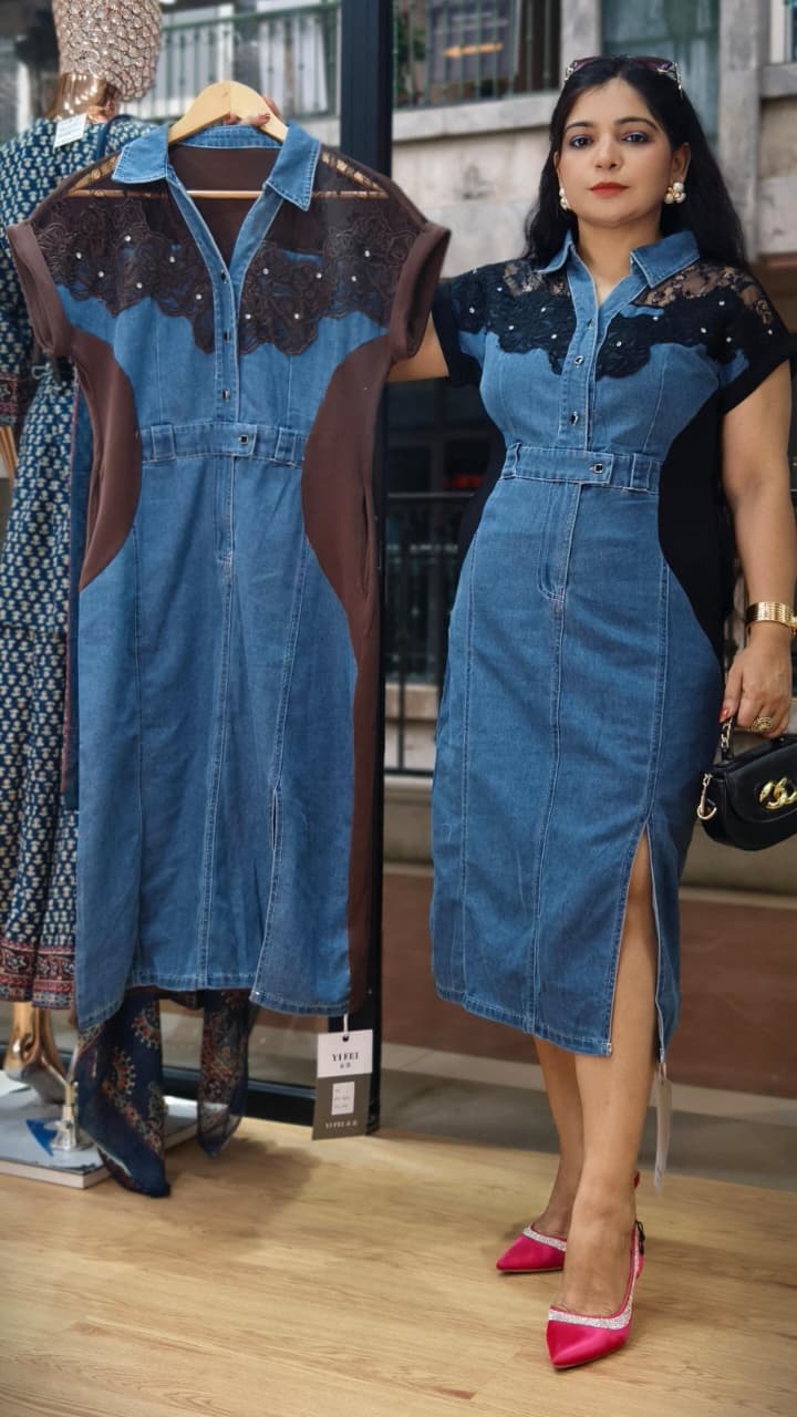Premium Denim Midi Dress with Lace Detailing & Side Slit ✨