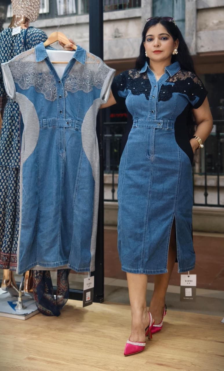 Premium Denim Midi Dress with Lace Detailing & Side Slit ✨