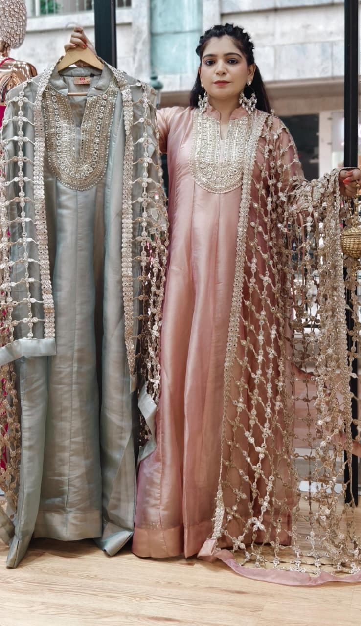 Premium Blush Pink and Pista Shimmer Tissue Anarkali Set with Designer Embellished Dupatta ✨