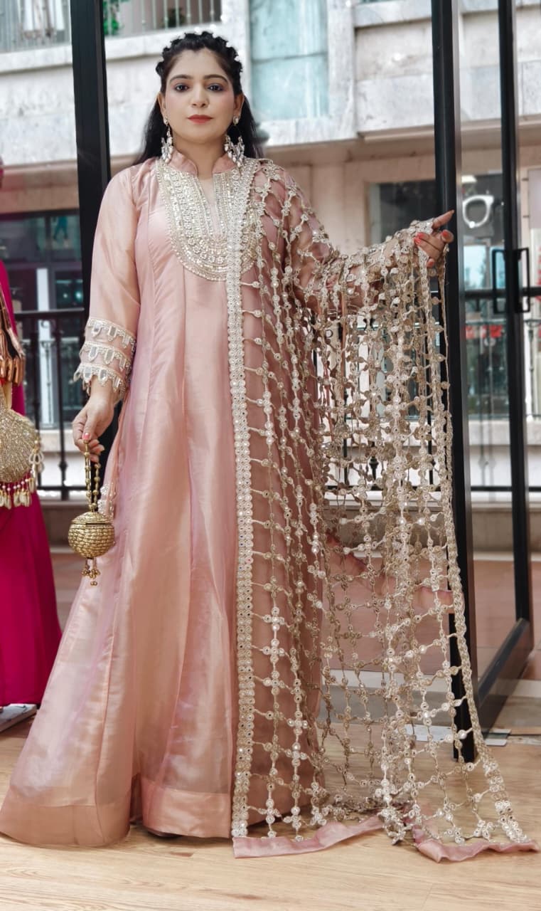 Premium Blush Pink and Pista Shimmer Tissue Anarkali Set with Designer Embellished Dupatta ✨