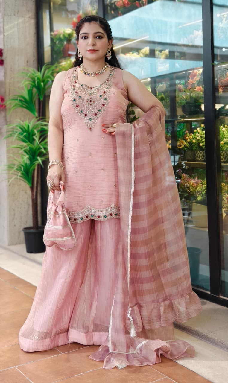 Premium Blush Pink and Pista Crush Tissue Sharara Set With Embellished Kurti, Organza Dupatta & Potli Bag ✨